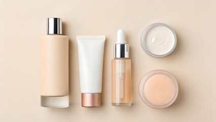 Collection of Various Skincare and Makeup Products Arranged on a Light Peach Background