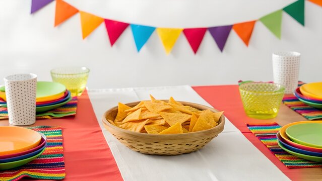 Colorful Table Setting With Nacho Chips Ready For A Festive Gathering