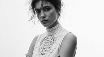 High fashion monochrome portrait of a young adult female. Confident woman with an intense gaze wearing a vintage lace blouse. Minimalist beauty and skincare concept