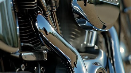 Close-up of chrome motorcycle engine reflecting sunlight environment - Powered by Adobe