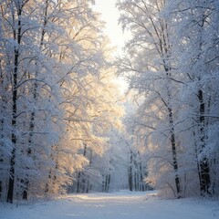 A deep, silent forest blanketed entirely by thick, glistening snow on a very cold morning. Sunlight filters through the frosty trees ,frosty ,wood ,cold