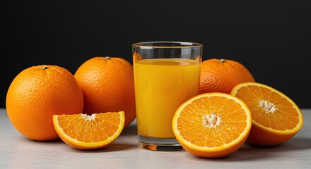A vibrant glass of fresh orange juice artfully arranged with whole and sliced oranges on a simple tabletop, perfect for healthy themes ,organic ,healthy lifestyle ,whole
