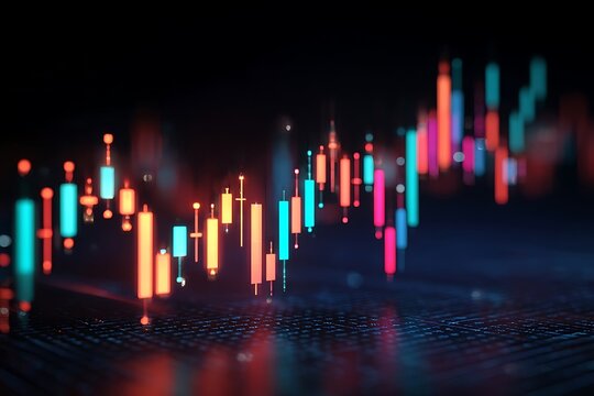 Dynamic financial trading graph with vibrant red and blue candlesticks glows against a dark, futuristic backdrop of data