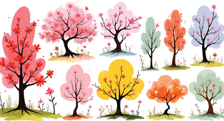 Colorful Trees Illustration with Flowers and Foliage for Spring and Autumn
