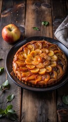 Golden brown tarte tatin with caramelized apples on a rustic wooden table