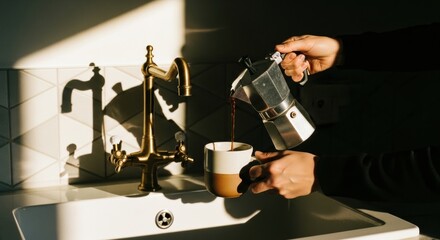 Person pouring hot coffee from a moka pot into a cup. Morning ritual in a sunlit kitchen. Lifestyle concept of home brewing and daily routine for a fresh start