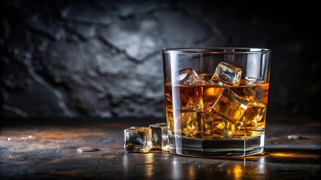 Close-up of a glass of whiskey on the rocks with ice cubes - Powered by Adobe