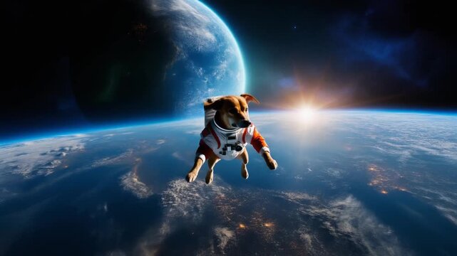A dog in a spacesuit floats in space with Earth in the background, a whimsical and adventurous scene.