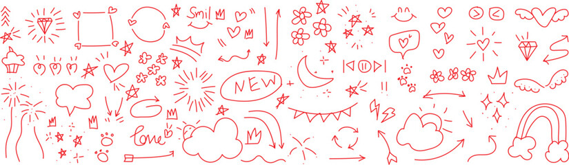 Abstract red and white doodle art collage with figures and symbols A chaotic yet whimsical collage of red and white abstract doodles, featuring figures, faces, and various symbolic shapes.