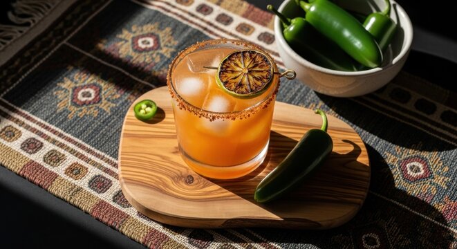 Spicy jalapeño margarita with a chili rim. Craft cocktail with charred lime garnish on a wooden board. Authentic Mexican beverage for a bar menu. Summer happy hour drink concept