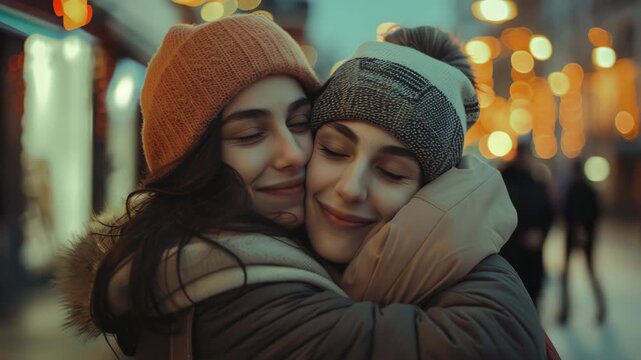 Two women hugging affectionately in an urban nighttime setting with blurred lights and people in the background.