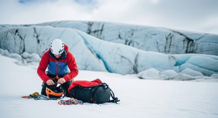 Naklejka premium Professional male alpinist preparing technical gear for an ice climb. Extreme winter sports and adventure tourism. Safety and preparation for a mountain expedition. Reaching new heights