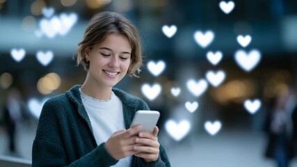 Close-up of young woman smiling while holding smartphone, floating 3D heart and like icons glowing around her face, digital bokeh background symbolizing social engagement - Powered by Adobe