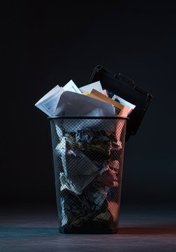 A wire mesh waste container overflowing with discarded papers and refuse, indicating a need for organization and cleanup in a workspace ,environment ,mesh ,cleanup
