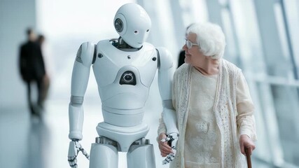 An elderly woman is supported by a humanoid robot, symbolizing the integration of robotics into elder care. The futuristic setting emphasizes innovation and compassionate technology
