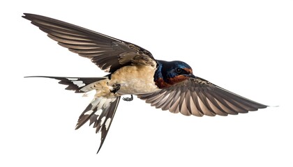 A swallow in full flight, showcasing vibrant plumage and spread wings, captured against a clean white backdrop