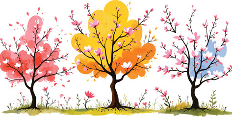Watercolor Spring Trees in Bloom Illustration with Pink and Yellow Tones