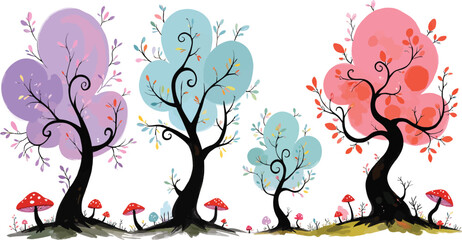 Whimsical Colorful Fantasy Forest Cartoon Illustration with Cute Mushrooms