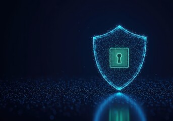 Abstract glowing digital shield protecting interconnected network data packets from external cyber threats on a dark blue background illustration ,management ,access ,authorization