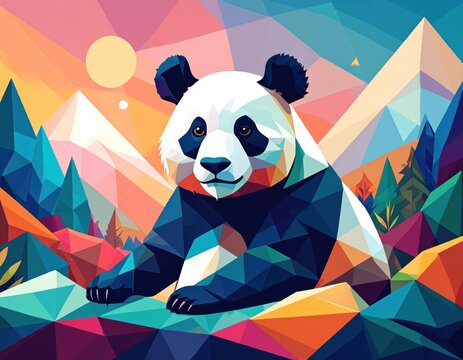 Colorful low-poly panda lounging in a geometric landscape