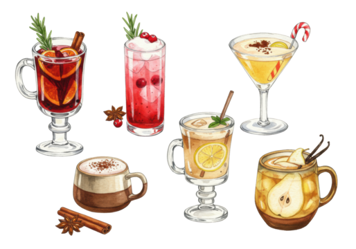 five watercolor illustrations of festive winter cocktails including mulled wine and hot toddy, displayed in a detailed flat lay arrangement on a transparent background. concept for sophisticated