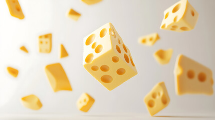 A visual of several cheese cubes with holes floating in the air, showcasing their yellow color and porous texture.