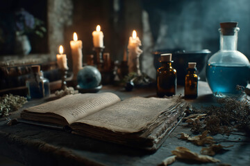 Old Spell Book Surrounded by Mystery, Candles, and Alchemical Bottles on Wood