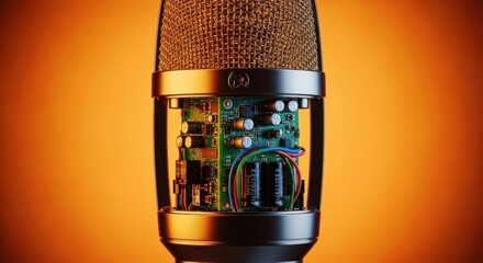 Professional condenser microphone with visible internal electronics. Audio engineering and sound technology. Modern podcasting equipment and broadcast innovation design
