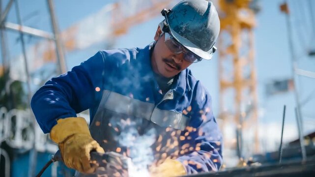 Dynamic shot of a construction welder joining rebar reinforcements, sparks flying in all directions with blurred background of cranes and scaffolds