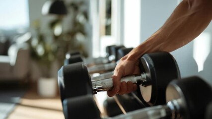 Focused view of a hand gripping a dumbbell among a row of weights, emphasizing dedication to fitness and healthy lifestyle. Bright, airy gym environment highlights motivation and active living - Powered by Adobe