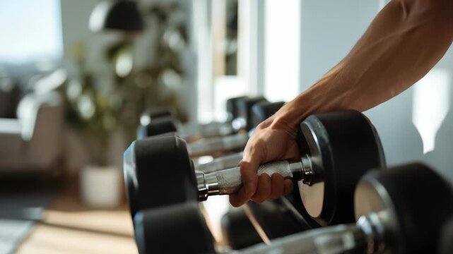 Focused view of a hand gripping a dumbbell among a row of weights, emphasizing dedication to fitness and healthy lifestyle. Bright, airy gym environment highlights motivation and active living
