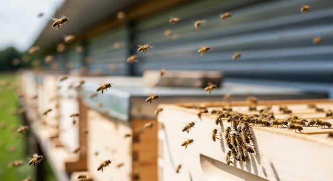 Honey bee colony flying at the apiary entrance. Beekeeping industry and organic honey production. Sustainable agriculture and pollination process. Busy insect swarm representing teamwork