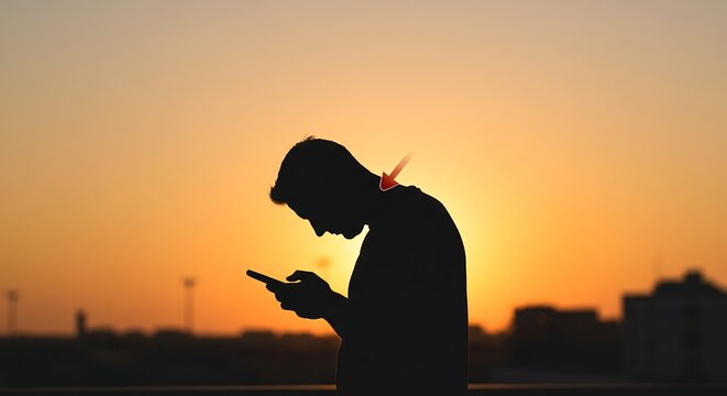 Silhouette of man using smartphone at sunset connecting to the digital world while showcasing technologys impact on modern lifestyle. - Powered by Adobe