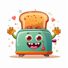 Cheerful cartoon toaster with bread slice, a playful illustration for kitchen appliances and food