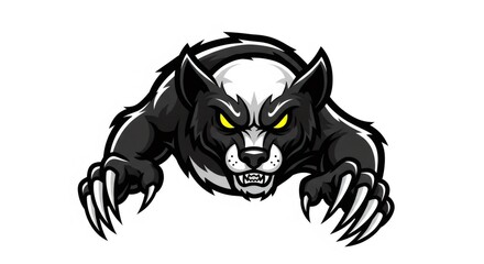 Aggressive Black and White Badger with Glowing Yellow Eyes and Sharp Claws on a Plain White Background