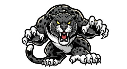 Aggressive Black Jaguar Mascot Cartoon Illustration with Sharp Claws and Teeth on White Background