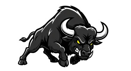 Aggressive Cartoon Black Bull with Yellow Eyes and Horns on White Background Vector Illustration for Mascot Logo Design and Sport Symbol
