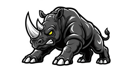 Aggressive Cartoon Rhino with Horns and Yellow Eyes Isolated on White Background
