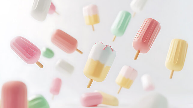 A variety of colorful ice pops floating in the air, representing a refreshing summer dessert.