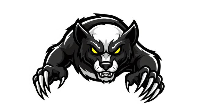 Aggressive Black and White Badger with Glowing Yellow Eyes and Sharp Claws on a Plain White Background