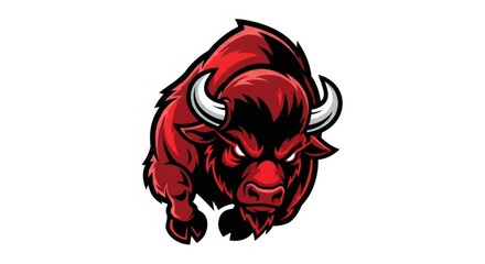 Aggressive Red Buffalo with Sharp Horns Charging Forward on White Background Mascot Style Logo Concept Bold Lines and Intense Gaze for Sporting Symbolism