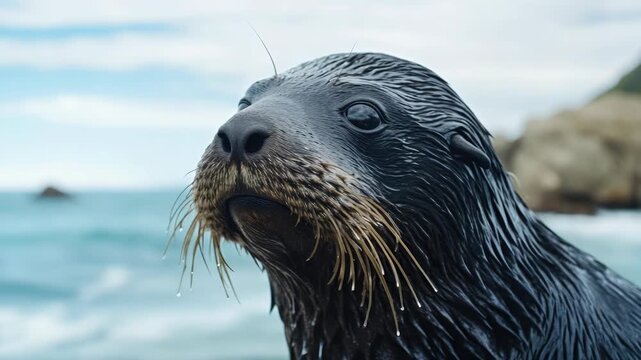 The seal has its eyes wide open as it looks towards the viewer. Its whiskers and blubber are clearly visible.