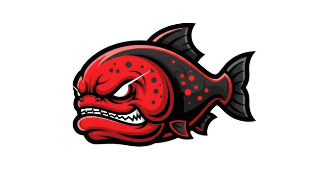 Aggressive Red Piranha with Black Fins on White Background Digital Illustration with Sharp Teeth and Fierce Expression Pixel Art Style