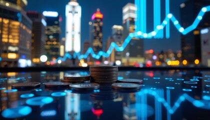 Cinematic night scene featuring coins and financial growth urban cityscape digital environment high-contrast viewpoint