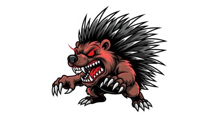 Naklejka premium Cartoon Angry Hedgehog Character with Red Eyes and Sharp Teeth on a White Background Pixel Art