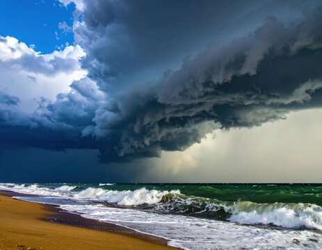Dark storm clouds loom over waves crashing onto a sandy beach