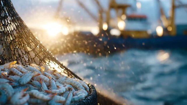 Freshly caught shrimp spilling from fishing net, droplets of seawater catching sunlight, industrial dock slightly blurred behind