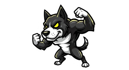 Cartoon Muscular Dog with Black and White Fur Striking a Fighting Stance Against a White Background with Comic Book Style Shading