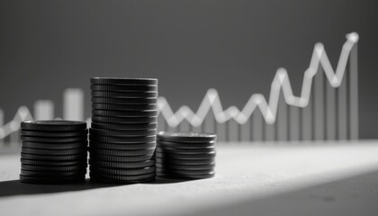 Economic growth stacked coins with rising graph business environment minimal black and white composition