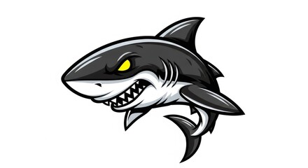 Cartoon Shark Illustration on White Background Featuring Sharp Teeth and Yellow Eyes in a Pixelated Style with Aggressive Expression Detailed Fins and Black and Gray